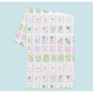 Hand-painted watercolor Mahjong tiles in various colors and designs printed on a white cotton tea towel by Taylor Paladino.