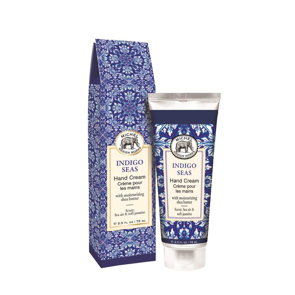 Michel Design Works Indigo Seas Hand Cream in a beautifully illustrated box and tube.