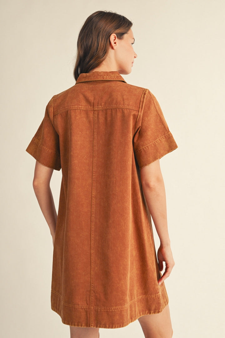 Jodifl Short Sleeve Garment Washed Shift Dress - Camel