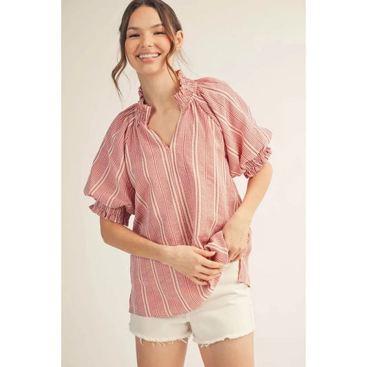 Chloe | Striped Ruffle Neck Puff Sleeve Textured Top