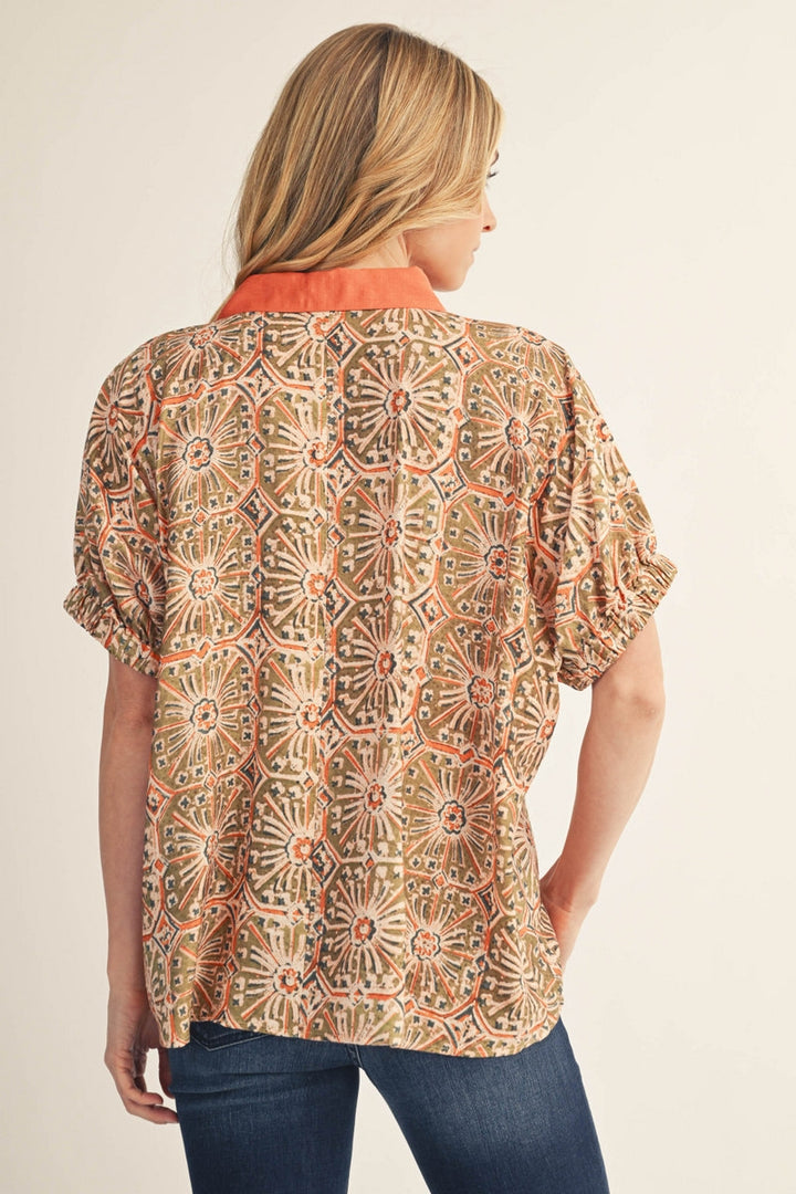 Jodifl Drop Shoulder Boho Print Top - Rust/Olive