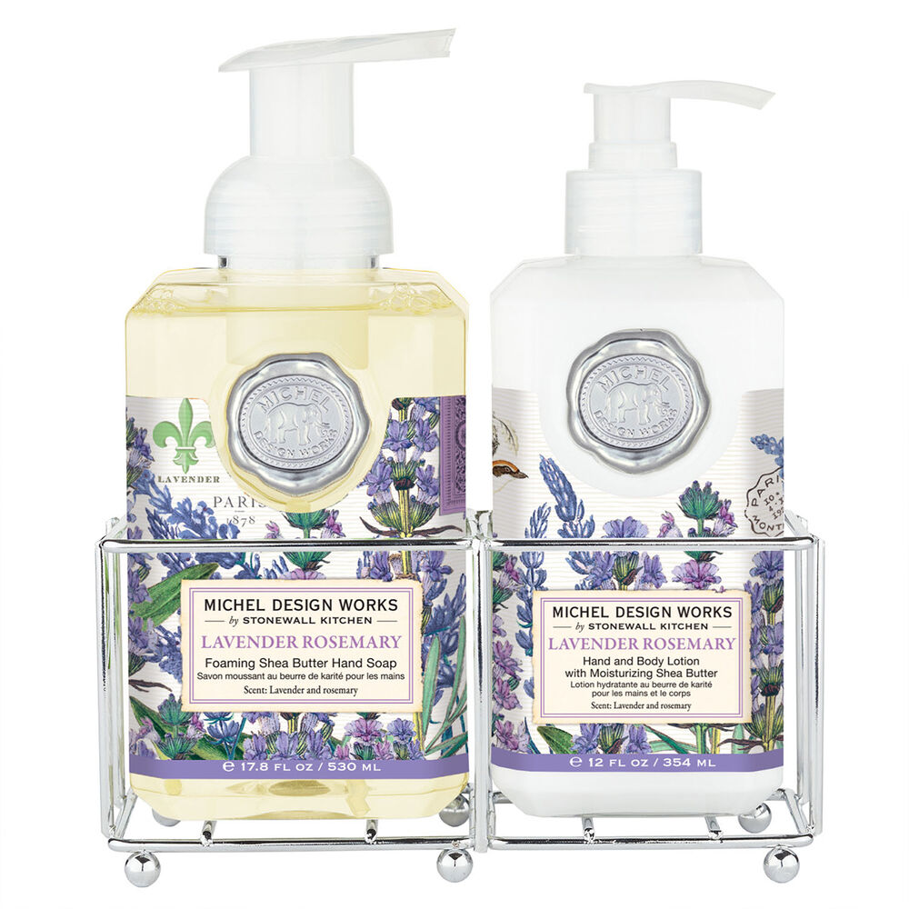 Michel Design Works Lavender Rosemary Hand Care Caddy featuring a foaming soap and lotion nestled in a silver-toned caddy.
