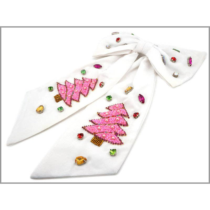 White Hair Bow with Seed Bead Pink Christmas Tree