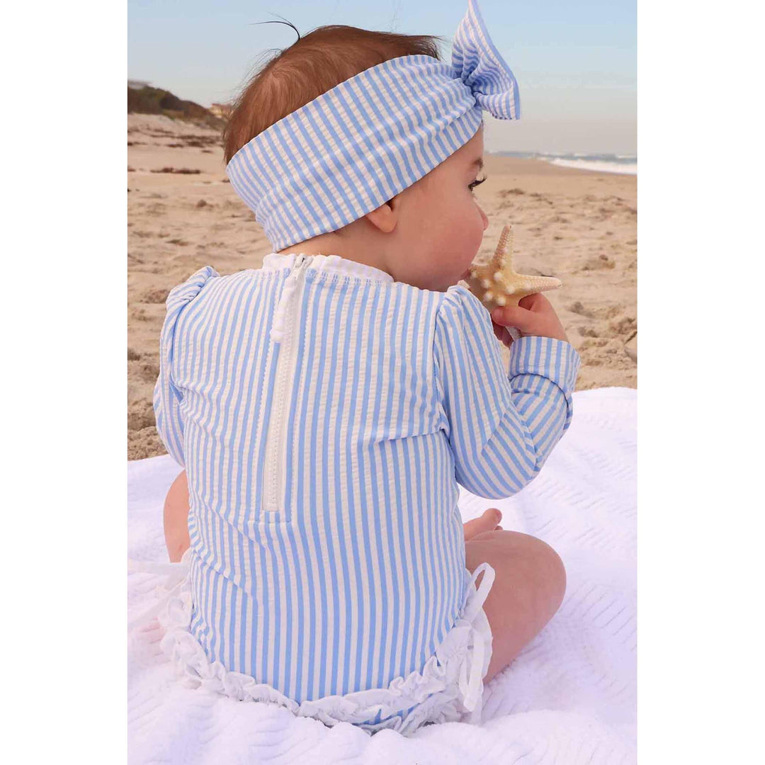 Long Sleeve Rash Guard With Ruffle Bottom | Seersucker Blue Wholesale