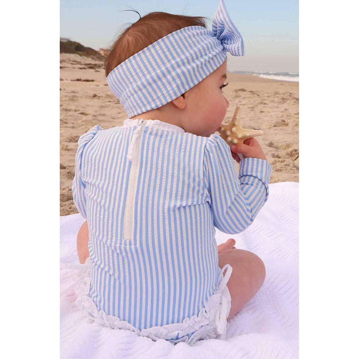 Long Sleeve Rash Guard With Ruffle Bottom | Seersucker Blue Wholesale