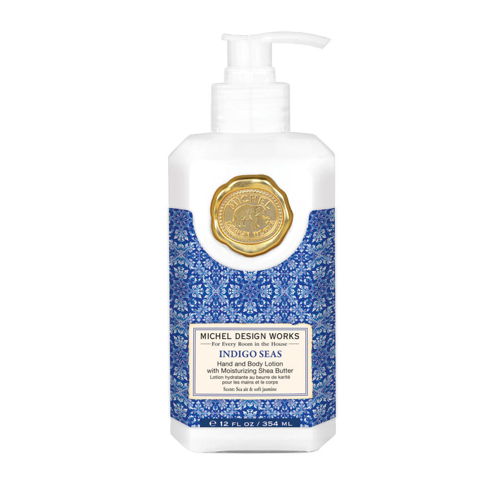Michel Design Works Indigo Seas Hand & Body Lotion in a decorative pump bottle with blue Spanish tile artwork.