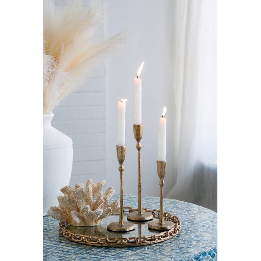 Gold Iron Candlesticks with Round Base, Set of 3
