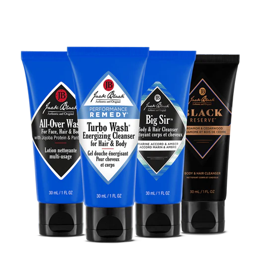 Jack Black Fragrance Discovery Set packaging showcasing the four 1 oz travel-size hair and body cleansers: All-Over Wash, Turbo Wash, Blue Sir, and Black Reserve.