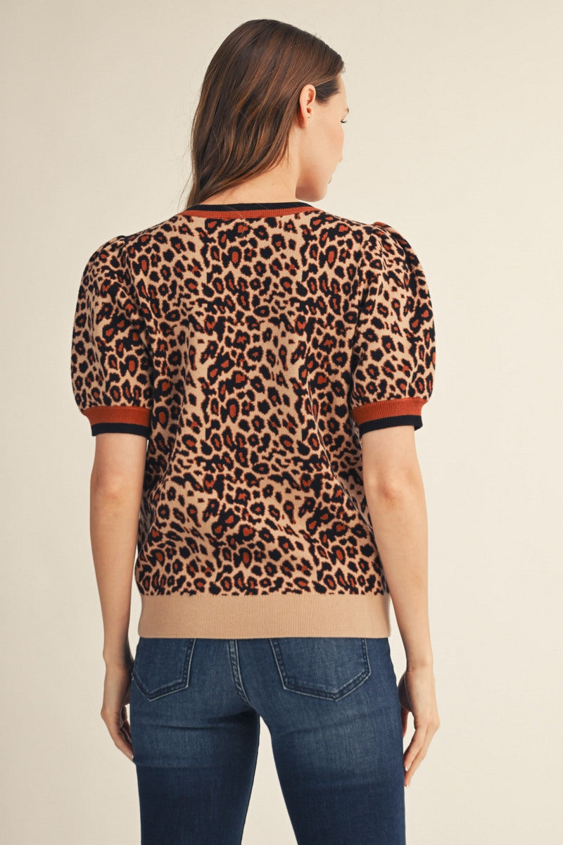 Jodifl Short Puff Sleeve Leopard Sweater Top - Black