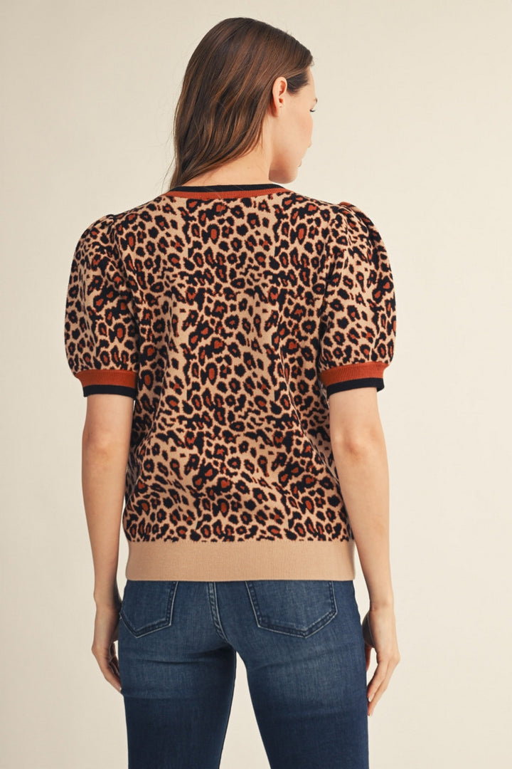 Jodifl Short Puff Sleeve Leopard Sweater Top - Black