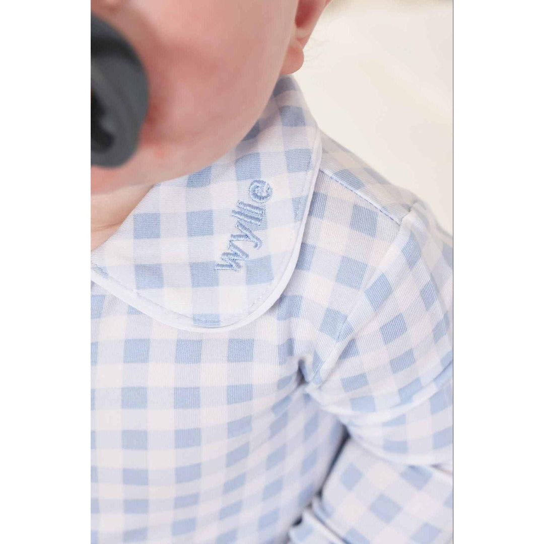 Peter Pan Collar Zipper Footie | Dusty Blue Gingham
