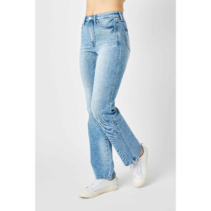 High Waisted Contrast Wash Straight Leg