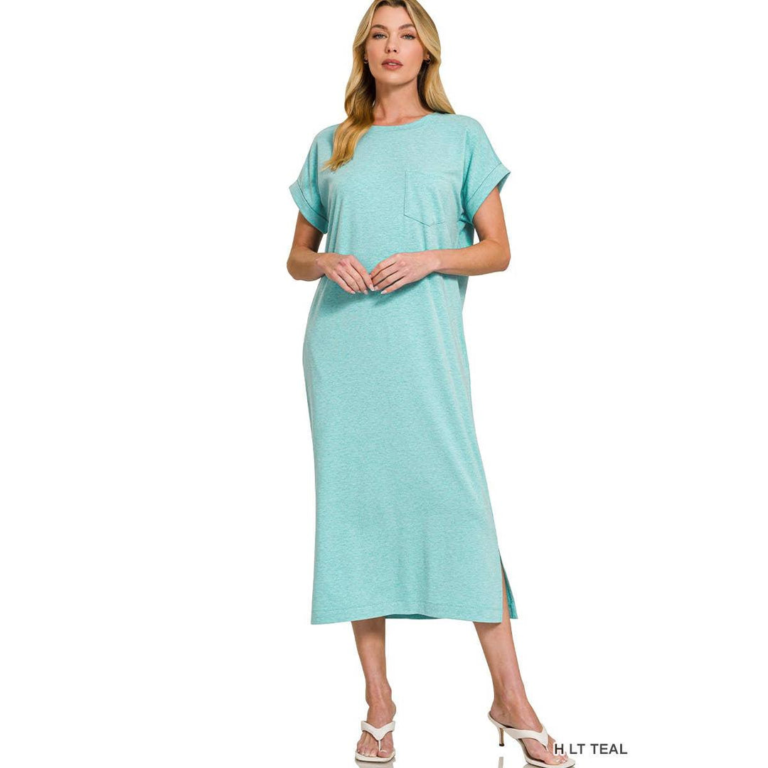 Round Neck Short Sleeve Midi Dress w/ Pockets