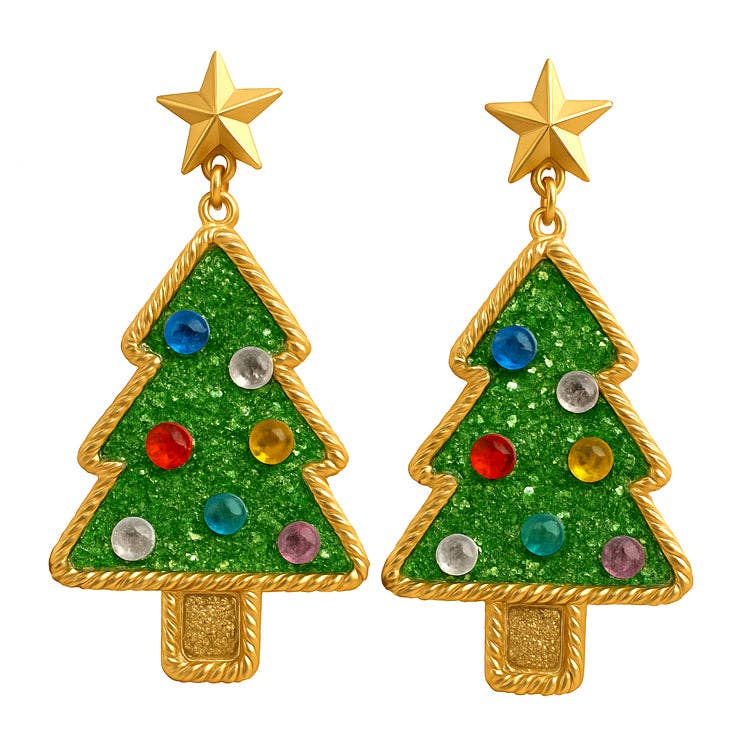 Tree Acrylic Christmas Tree with Stones 1.5" Earring