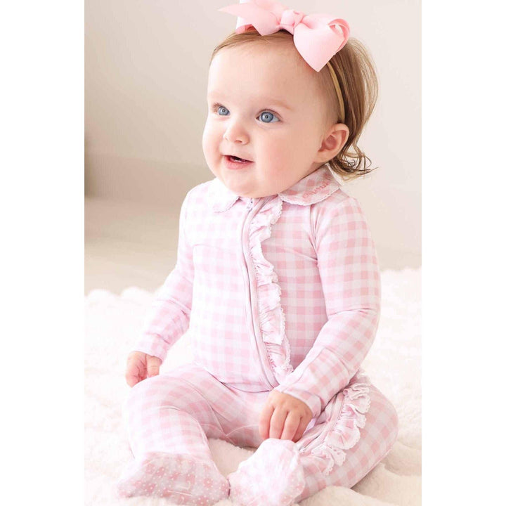 Peter Pan Collar Ruffle Zipper Footie | Rosy Gingham