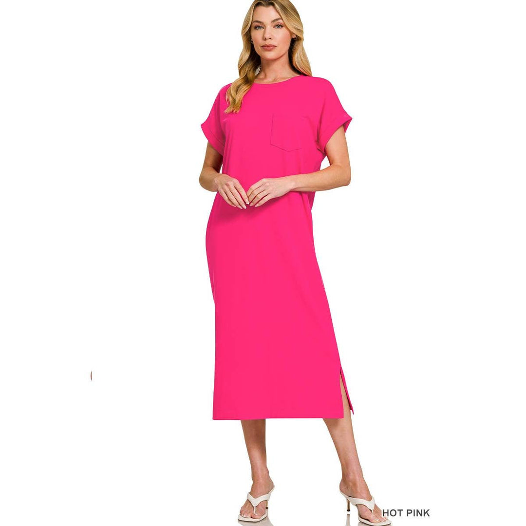 Round Neck Short Sleeve Midi Dress w/ Pockets