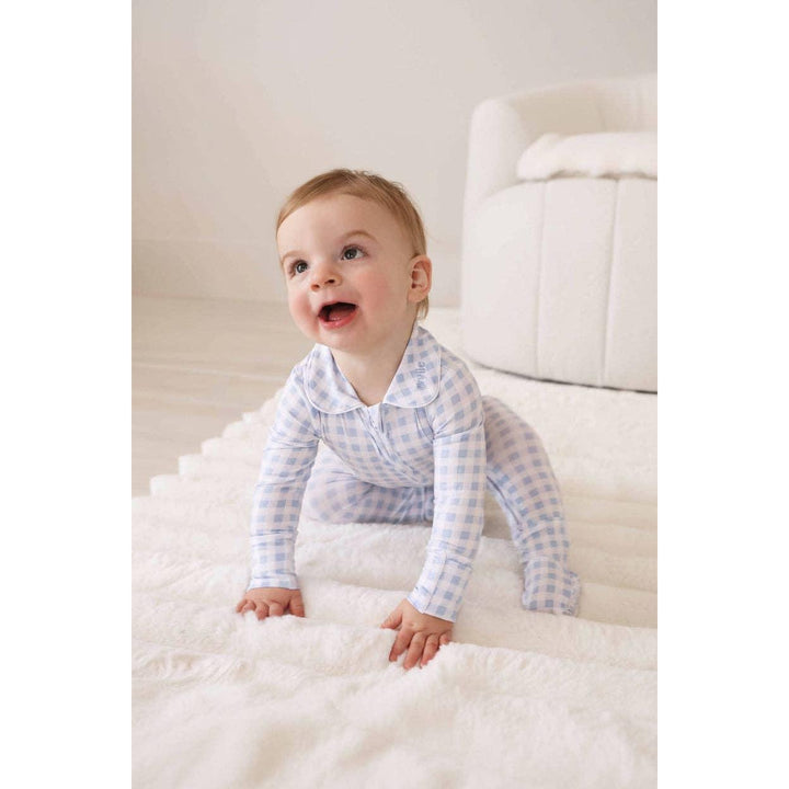 Peter Pan Collar Zipper Footie | Dusty Blue Gingham