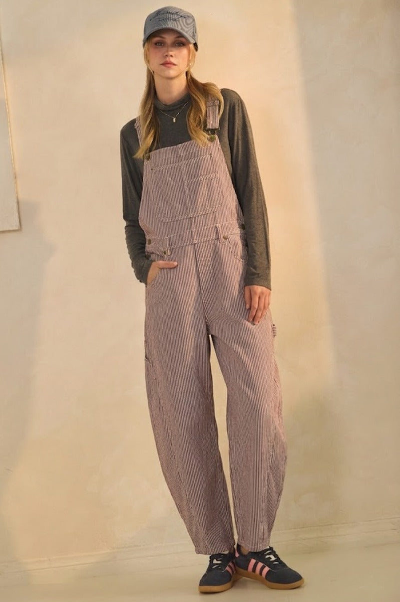 Oddi Pinstriped Barrel-Leg Overalls - Brown