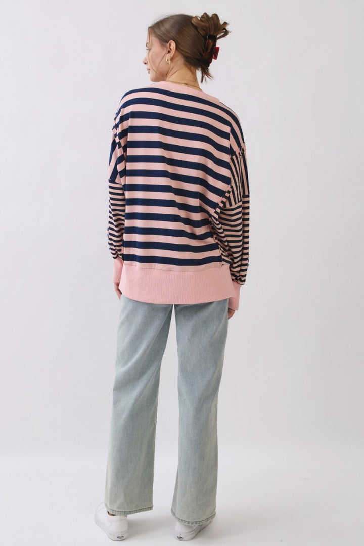 Oddi Mixed Stripe Pullover Sweatshirt - Pink Navy Combo