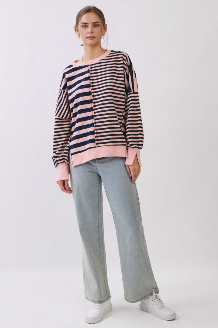 Oddi Mixed Stripe Pullover Sweatshirt - Pink Navy Combo