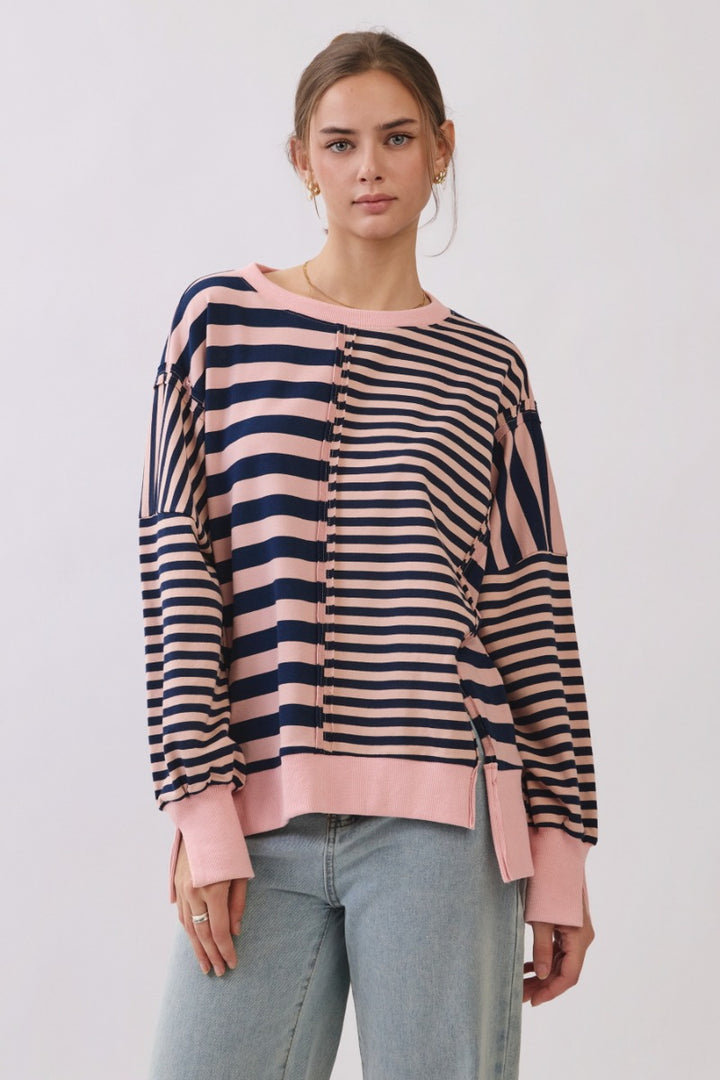 Oddi Mixed Stripe Pullover Sweatshirt - Pink Navy Combo