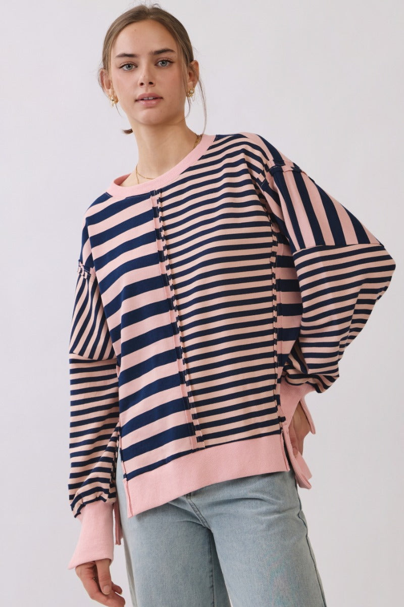 Oddi Mixed Stripe Pullover Sweatshirt - Pink Navy Combo