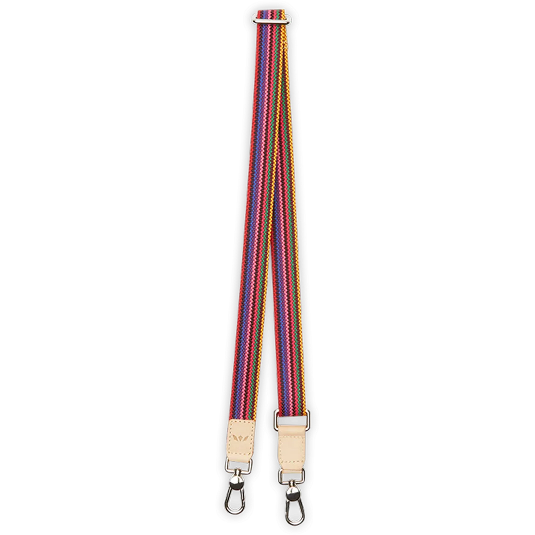 Consuela pink woven slim crossbody replacement bag strap featuring multi-color embroidery and natural leather details.