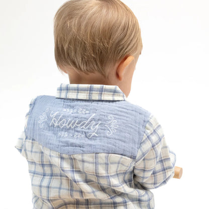 Long Sleeve Western Pearl Snap Shirt - Blue Plaid