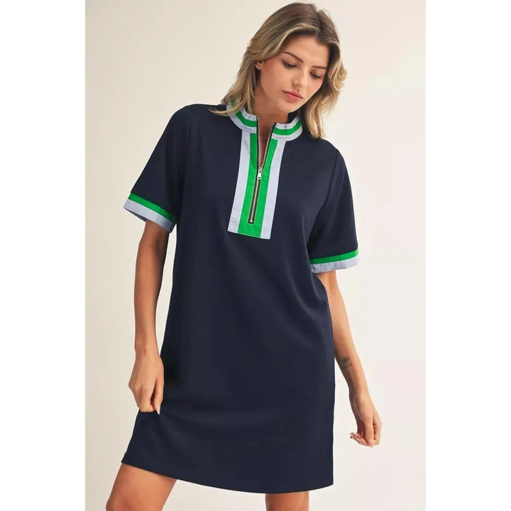 Georgia Zip-Up Casual Dress with Mock Neck in Navy