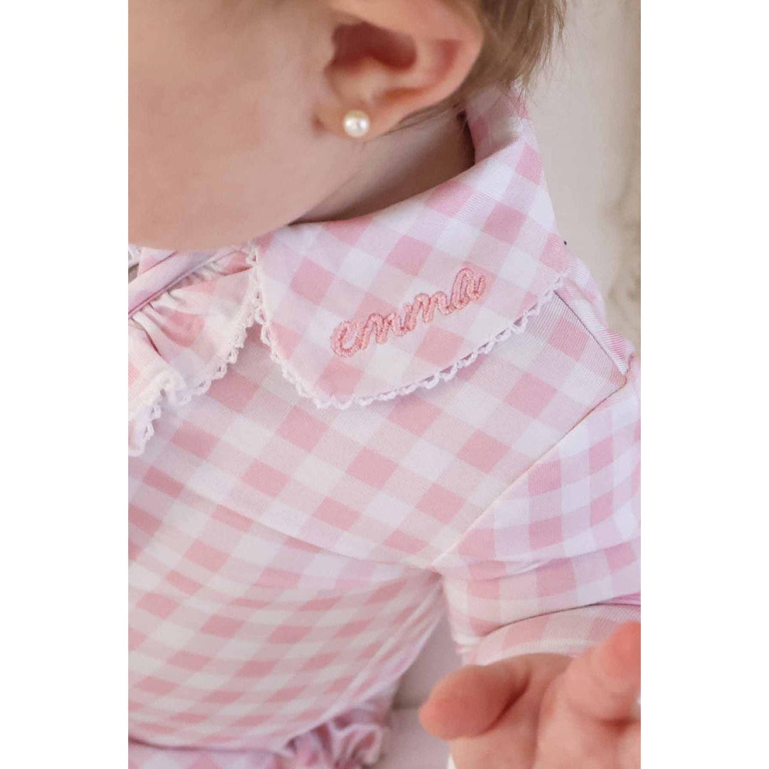 Peter Pan Collar Ruffle Zipper Footie | Rosy Gingham