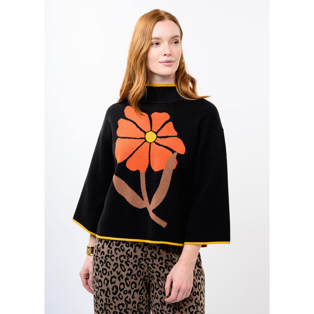 Alternate view of the black Ivy Jane bold flower sweater showcasing the colorful floral accents and cozy fit.