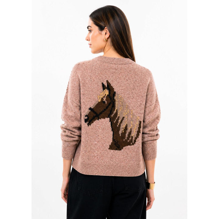 Side view of the Ivy Jane rose pink sweater featuring a playful western horse and horseshoe design.