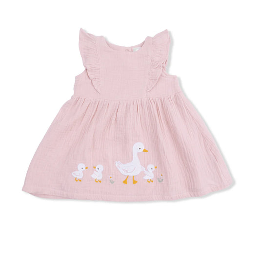 Toddler girl pink organic muslin dress with duckling applique and matching bloomers