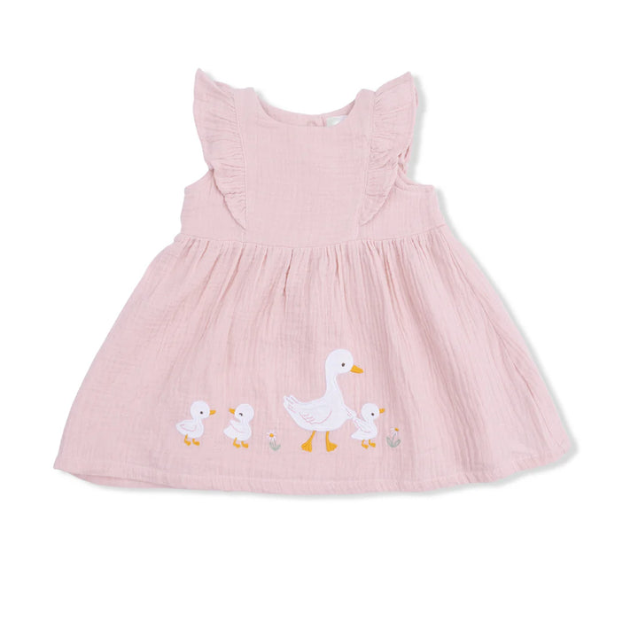 Toddler girl pink organic muslin dress with duckling applique and matching bloomers
