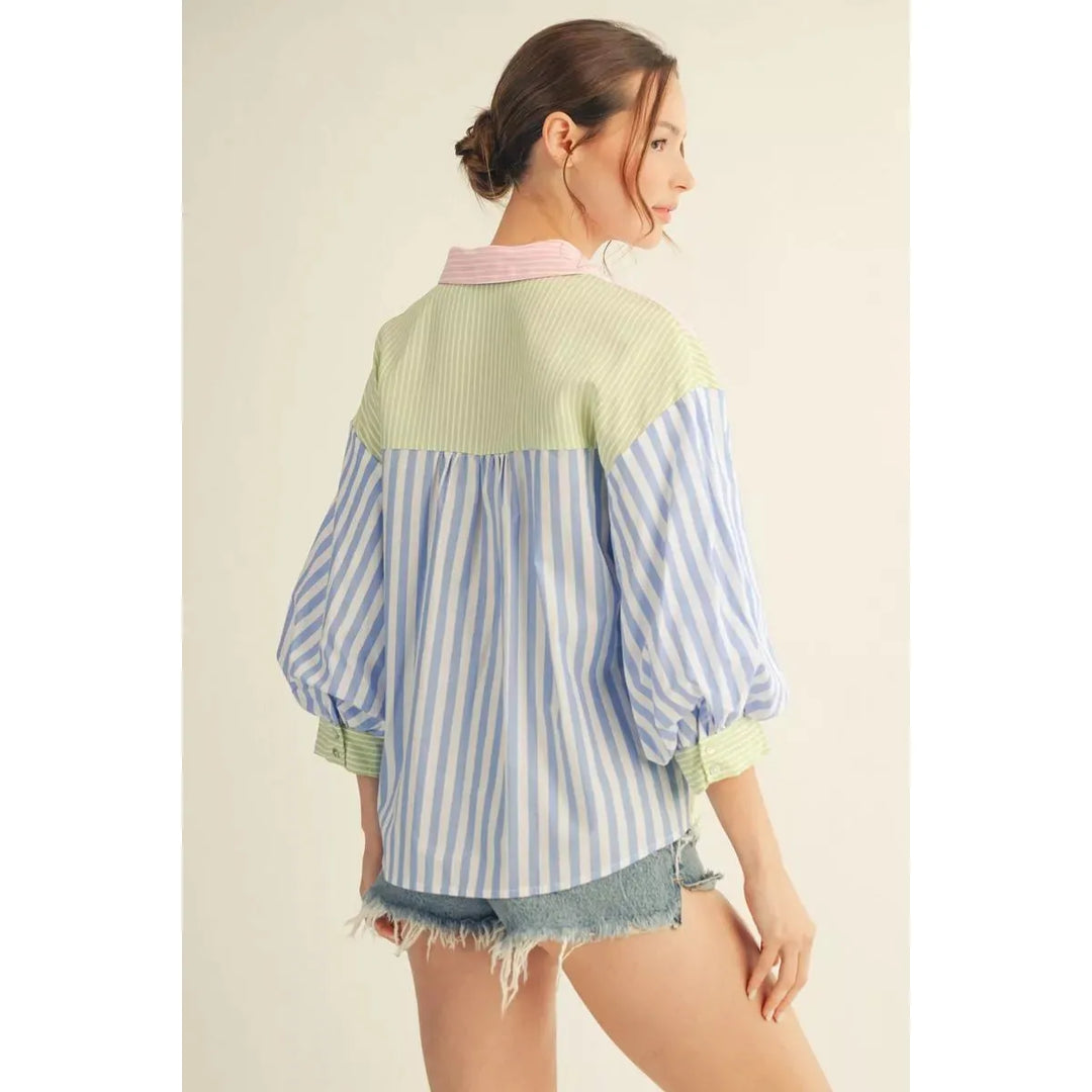 Margot Stripe Mix Match Button Down Top - Blue/Pink