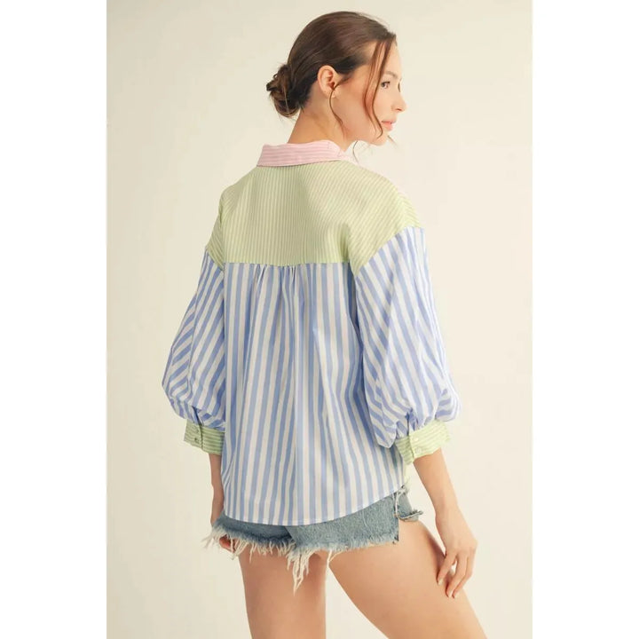 Margot Stripe Mix Match Button Down Top - Blue/Pink
