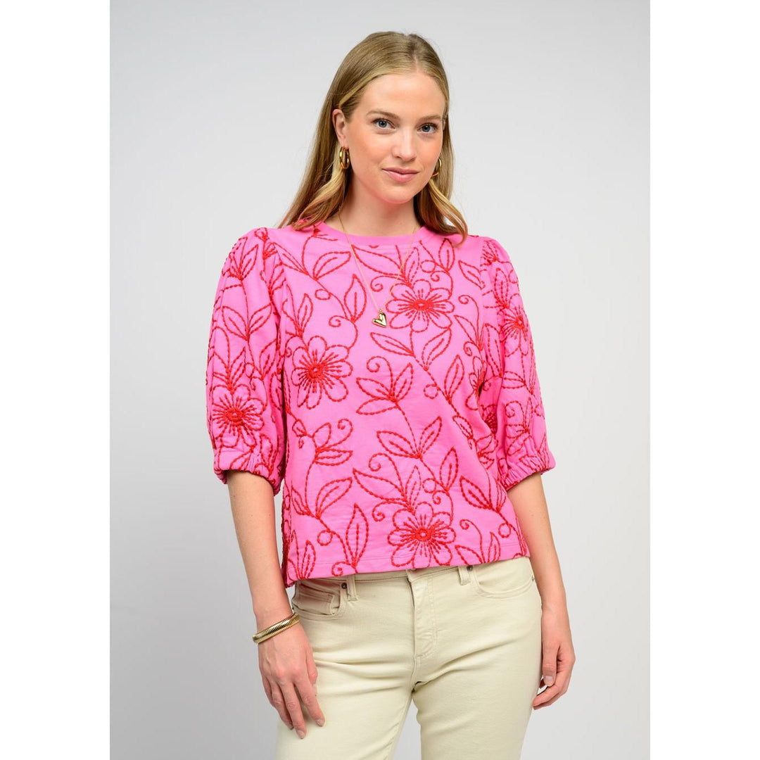 Ivy Jane Floral Vines Knit Top - Pink Embroidered Puff Sleeve
