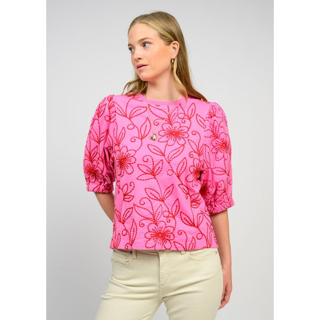 Ivy Jane Floral Vines Knit Top - Pink Embroidered Puff Sleeve