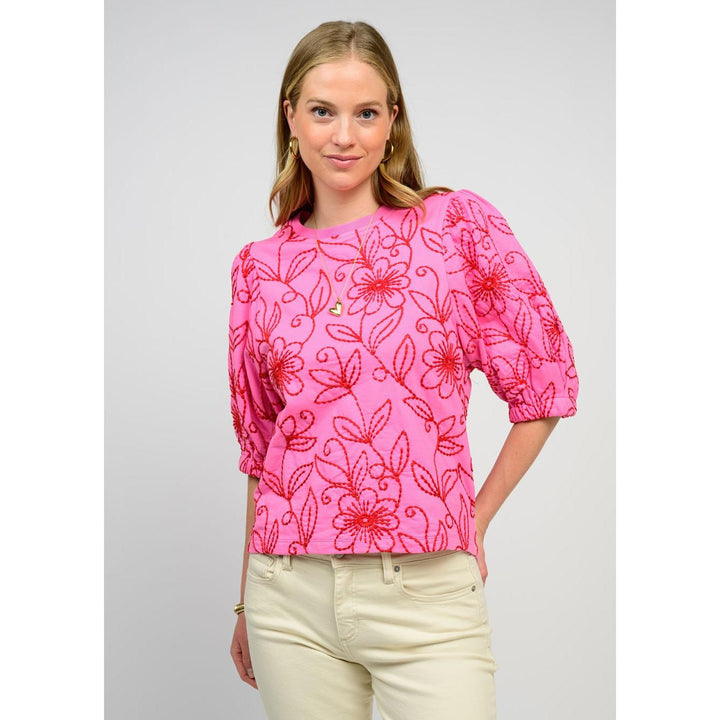 Ivy Jane Floral Vines Knit Top - Pink Embroidered Puff Sleeve