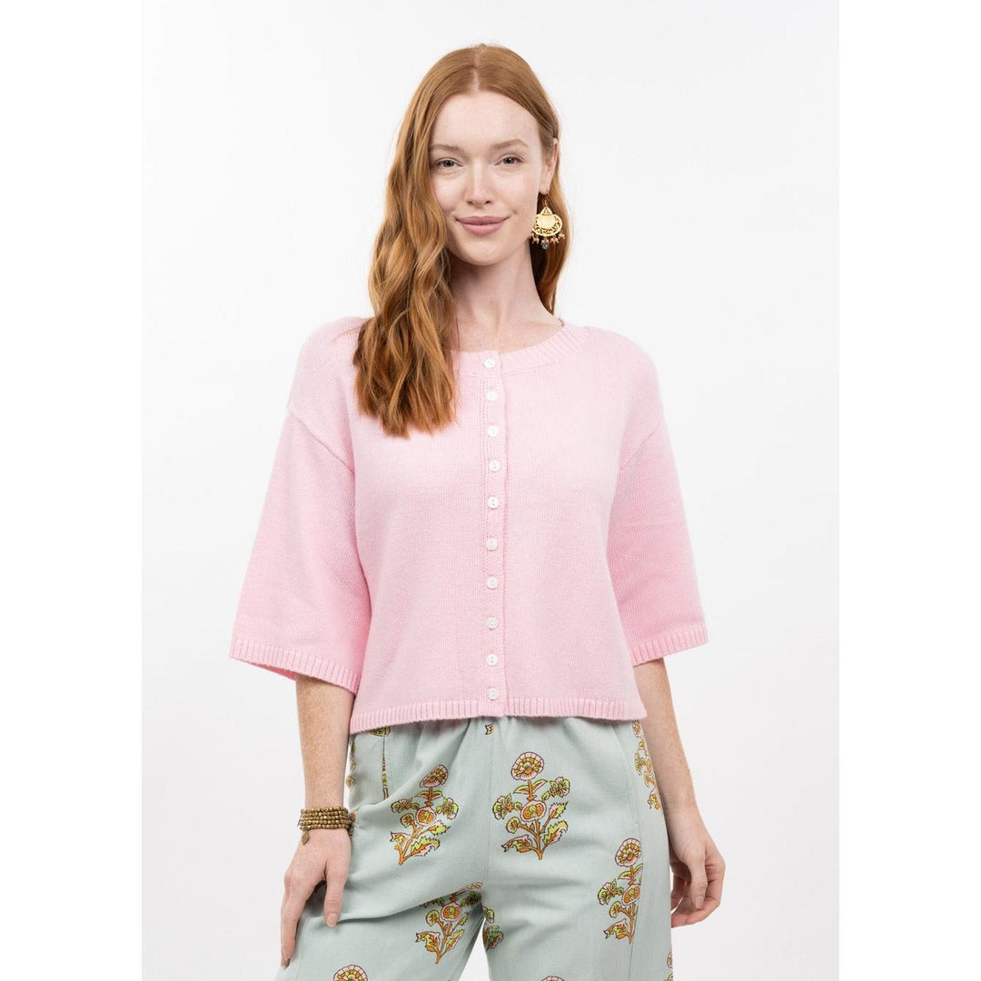 Willow cardigan, Ivy Jane 940012, short sleeve sweater, pink button-down cardigan, coral knit top, women&
