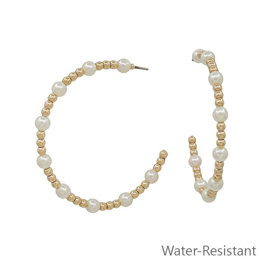 Water Resistant Gold Beaded and Pearl 2" Hoop Earring