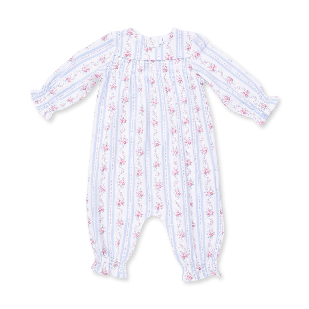 Angel Dear Anna Floral Stripe Smocked Long Sleeve Romper Cream &amp; Blue