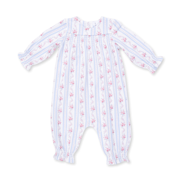 Angel Dear Anna Floral Stripe Smocked Long Sleeve Romper Cream &amp; Blue