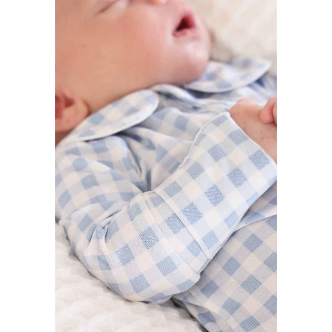 Peter Pan Collar Zipper Footie | Dusty Blue Gingham