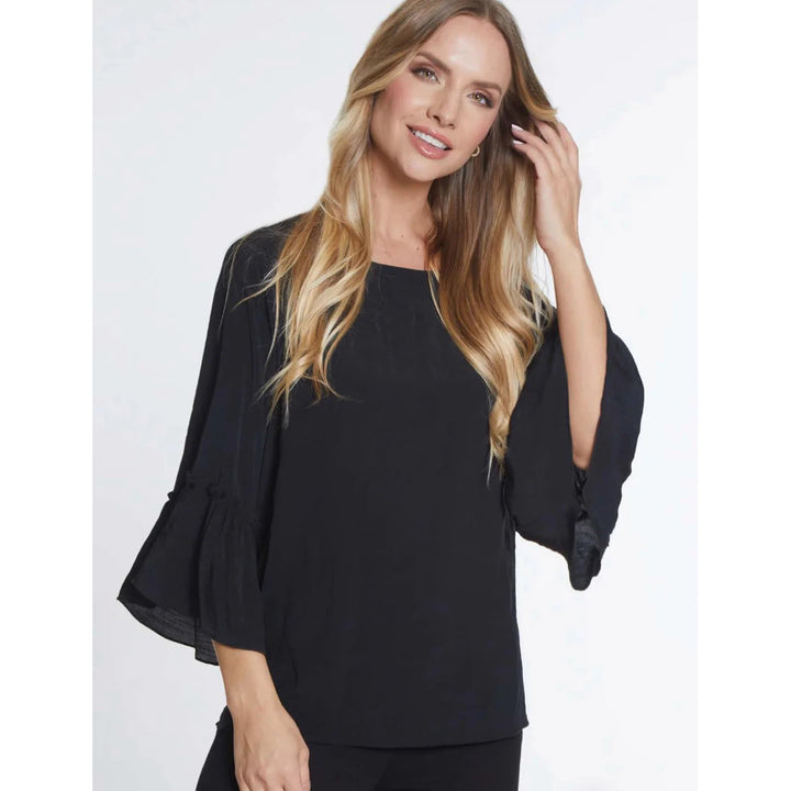 Becca 3/4 Flounce Slv BlackBttn Back To0p