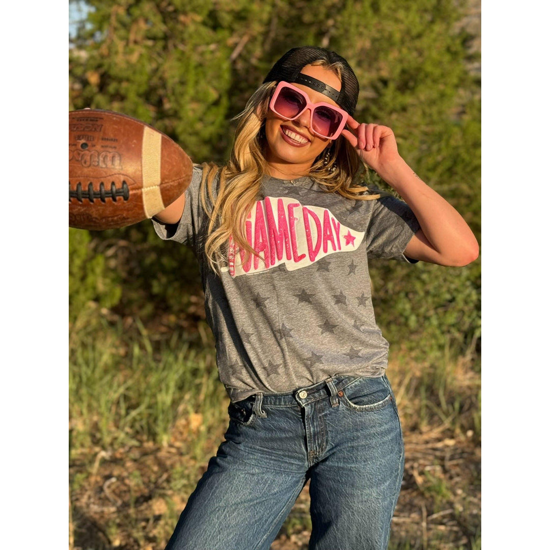 Pennant Game Day in White Ink with Glitter Puff Tee