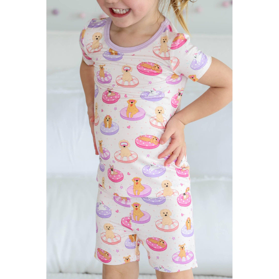 Two Piece Short Pajama Set | Poolside Pups Pink