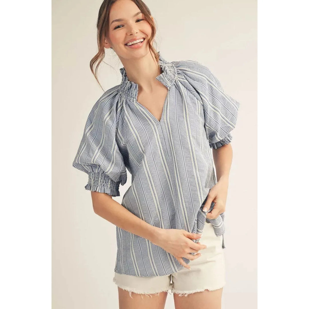 Chloe | Striped Ruffle Neck Puff Sleeve Textured Top