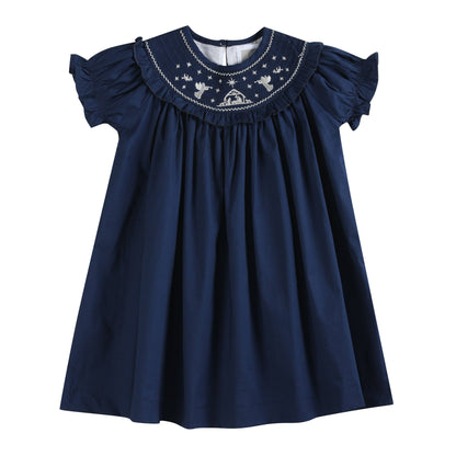 Blue Nativity Smocked Ruffle Bishop Dress