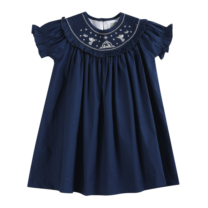 Blue Nativity Smocked Ruffle Bishop Dress